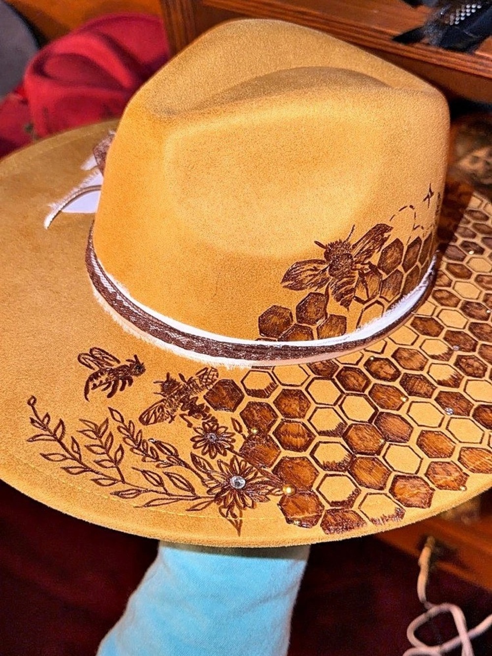 Honeycomb Mustard Vegan Suede Wide Brim Handburned hat